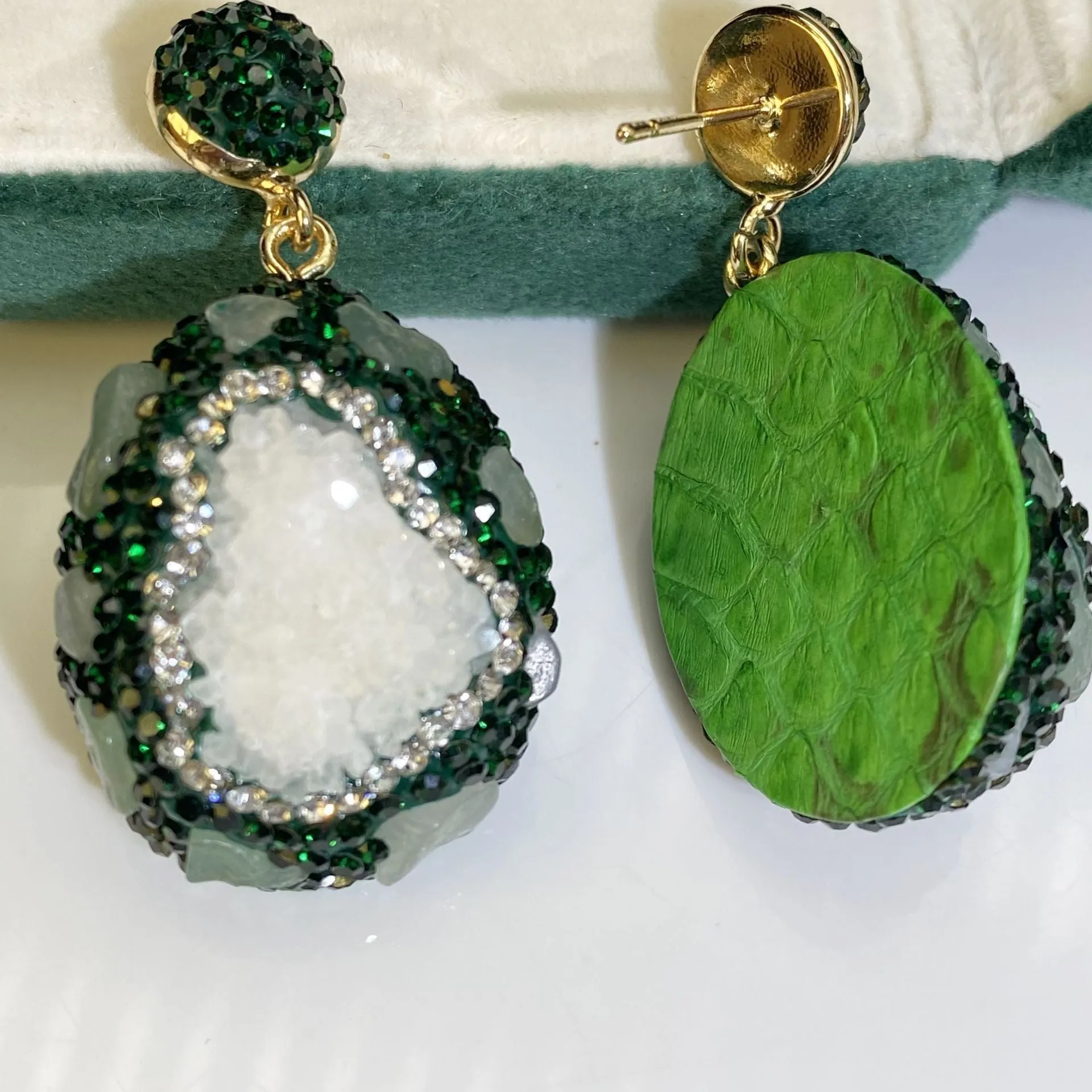 Dark green copper drop earrings with crystal bud and inlaid emerald, geometric style for women