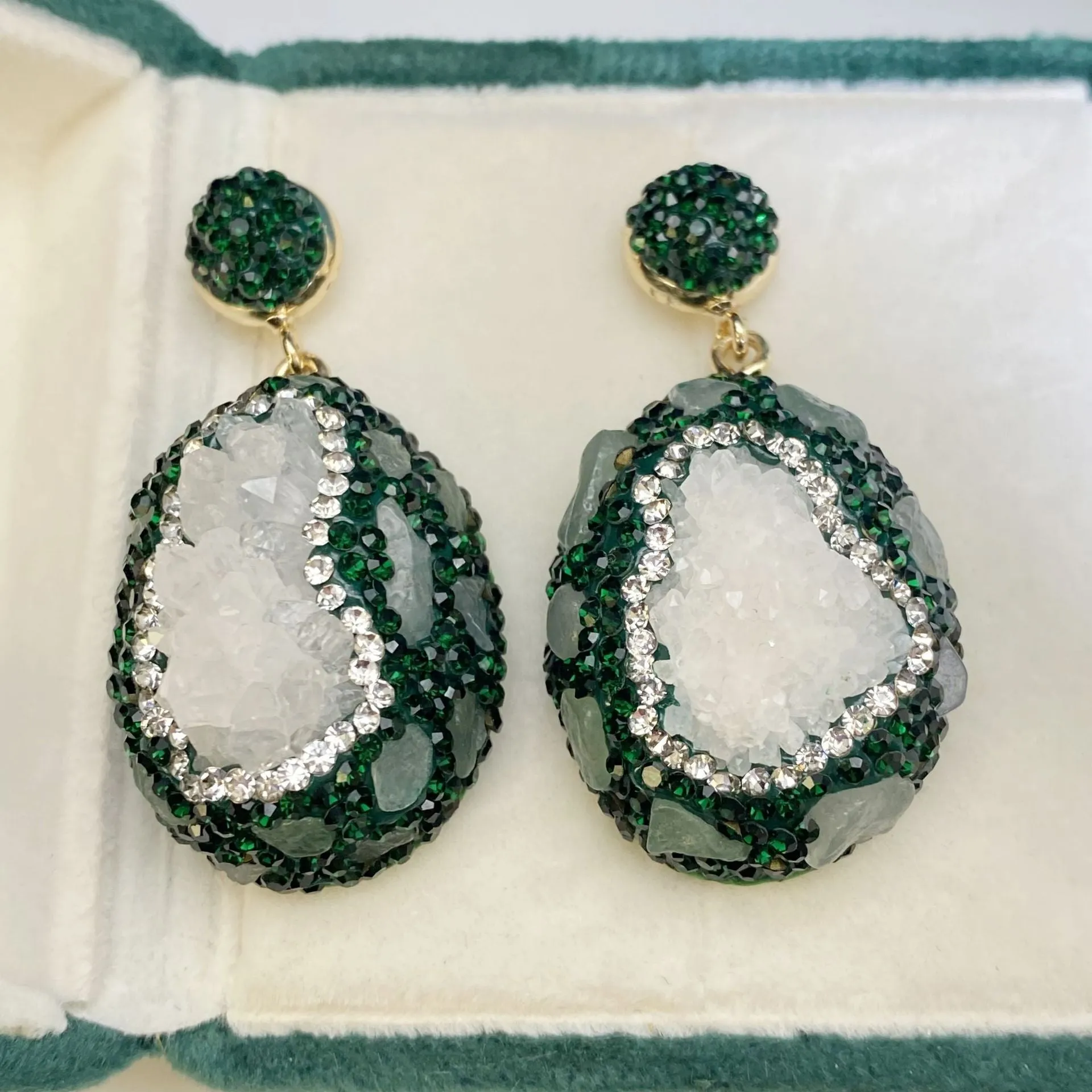 Dark green copper drop earrings with crystal bud and inlaid emerald, geometric style for women
