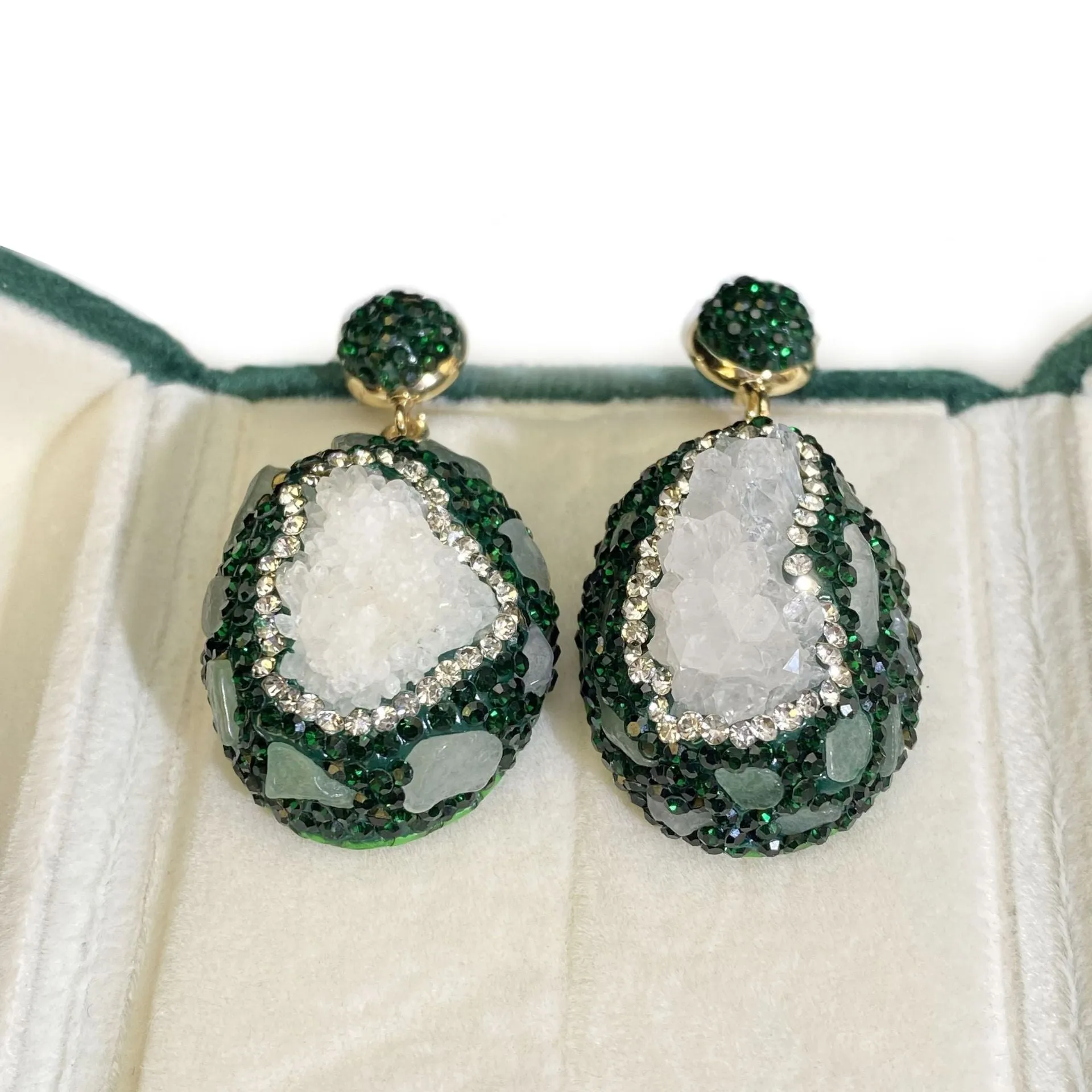 Dark green copper drop earrings with crystal bud and inlaid emerald, geometric style for women