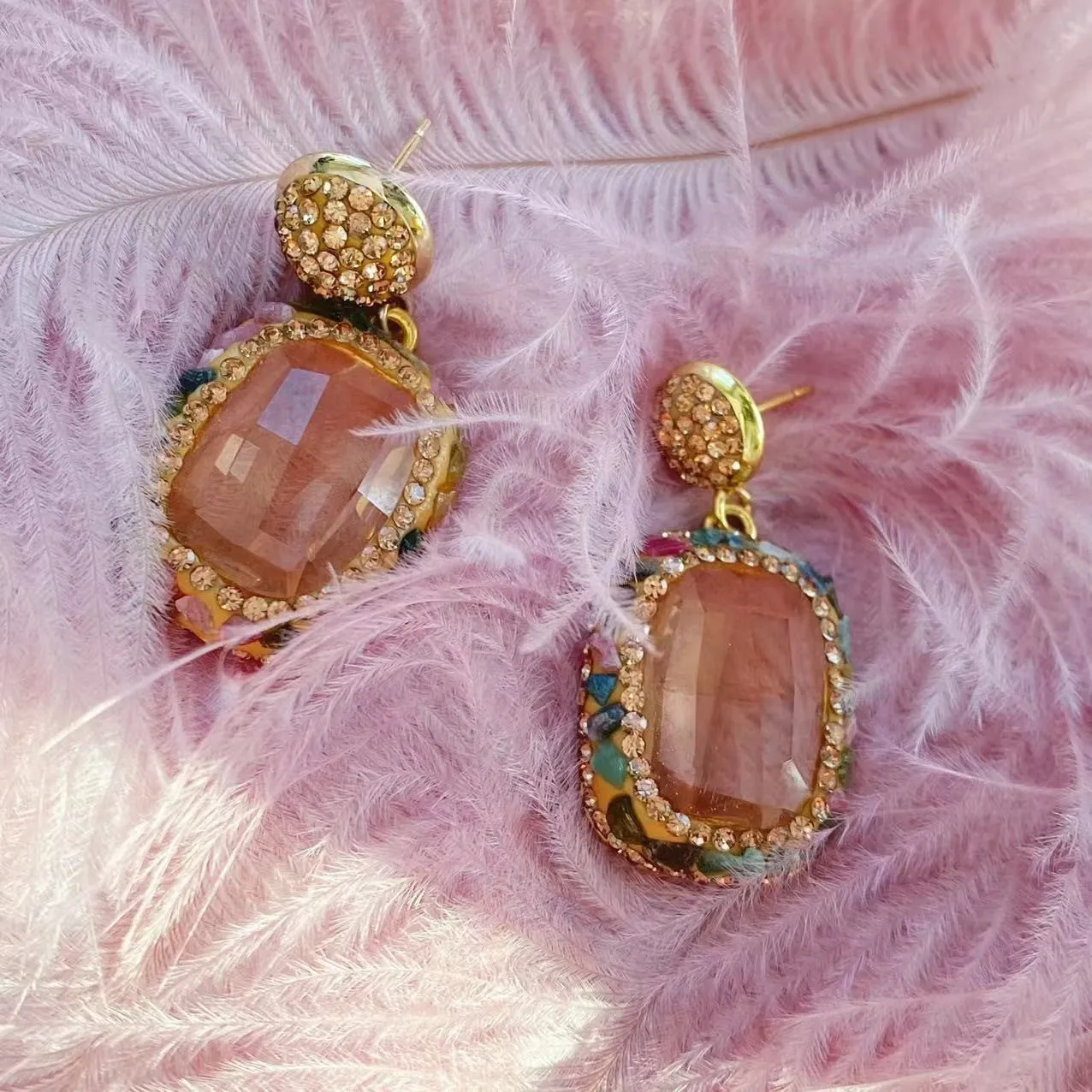 Crystal personality yet elegant earrings for women, geometric alloy with pure natural stone row drilling, stud and hook styles