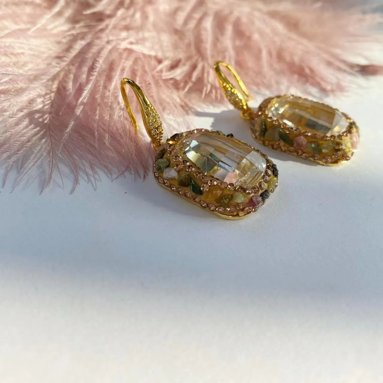 Crystal personality yet elegant earrings for women, geometric alloy with pure natural stone row drilling, stud and hook styles