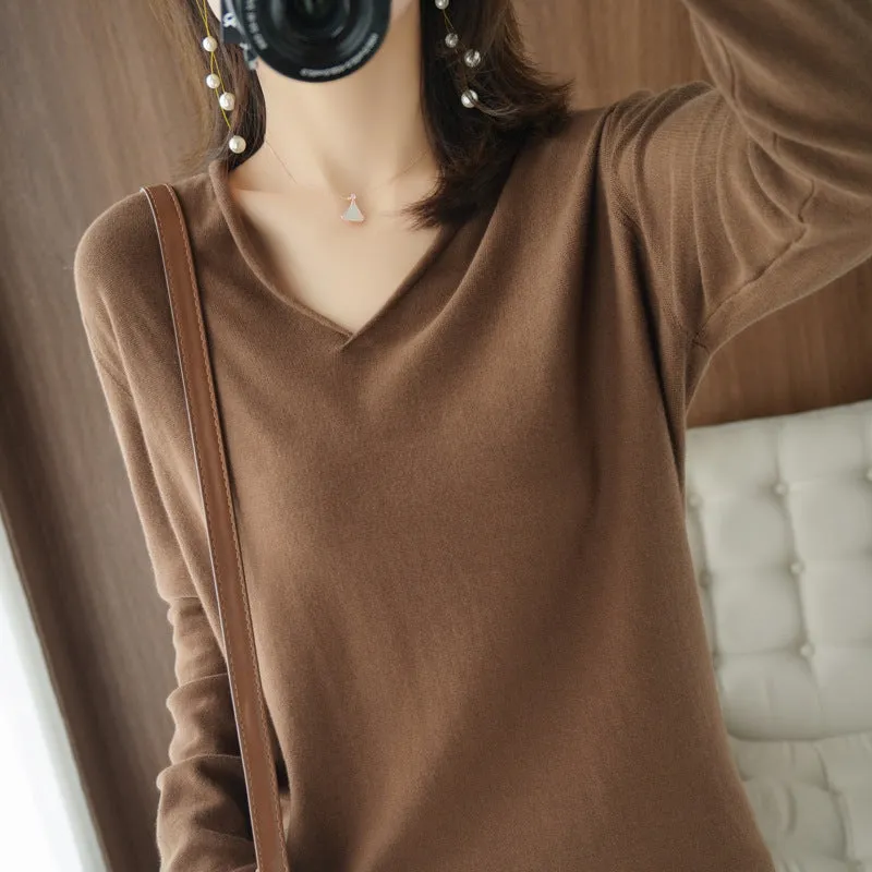 Women's V-neck long sleeve knitwear top in turmeric colour with non-ironing construction