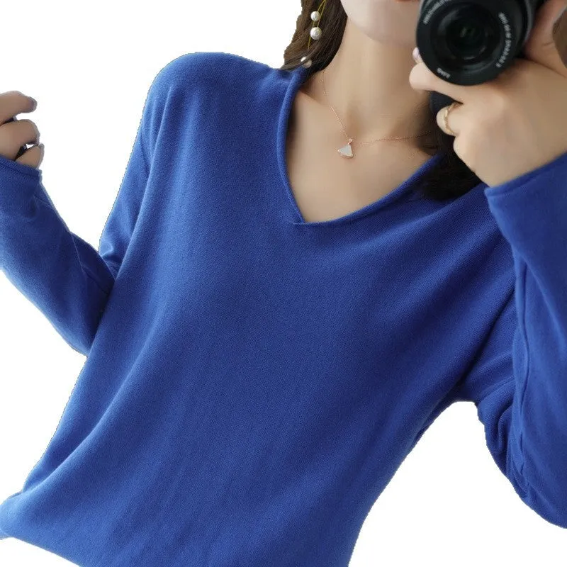 Women's V-neck long sleeve knitwear top in turmeric colour with non-ironing construction