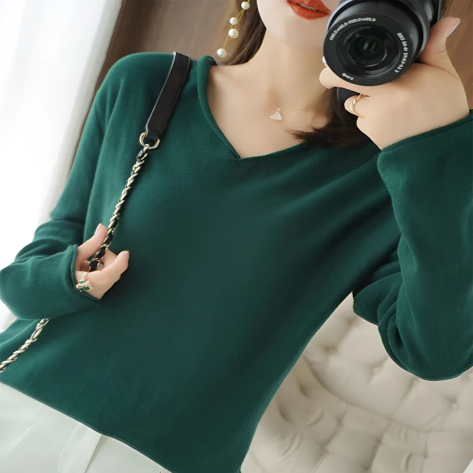 Women's V-neck long sleeve knitwear top in turmeric colour with non-ironing construction