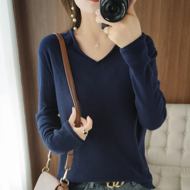 Women's V-neck long sleeve knitwear top in turmeric colour with non-ironing construction