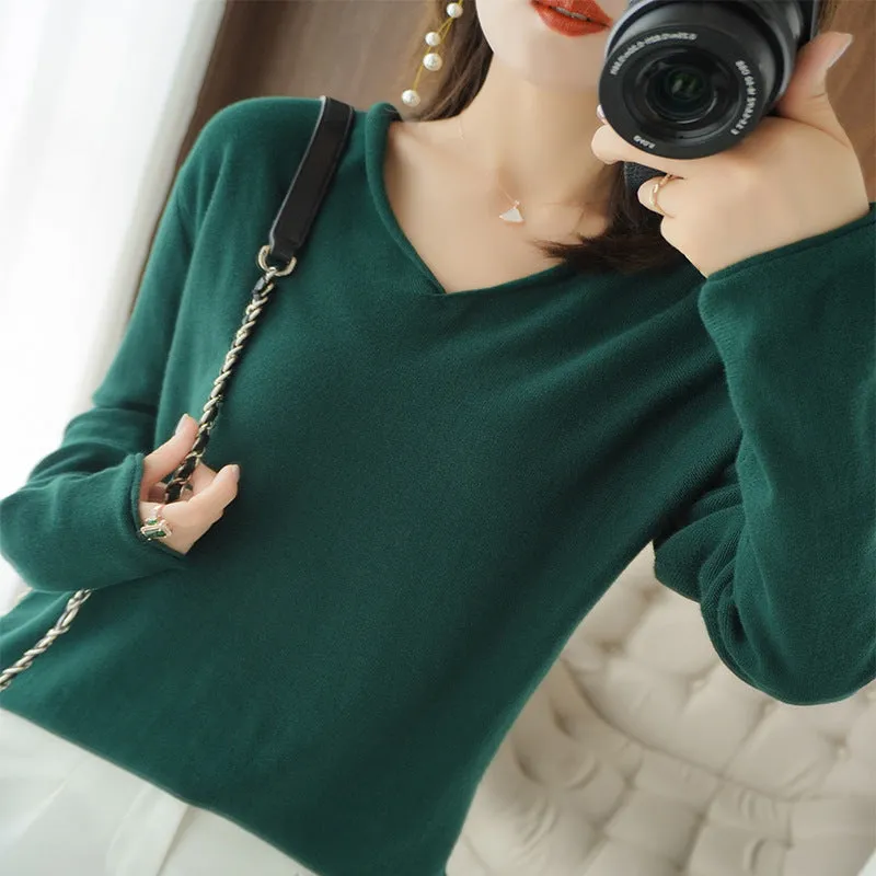 Women's V-neck long sleeve knitwear top in turmeric colour with non-ironing construction