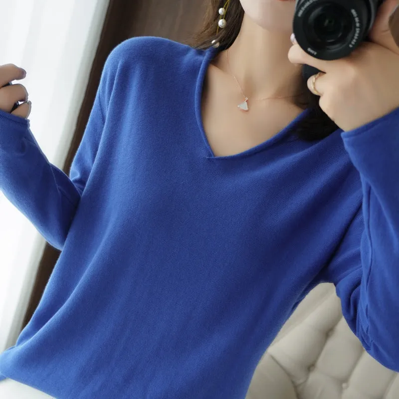 Women's V-neck long sleeve knitwear top in turmeric colour with non-ironing construction