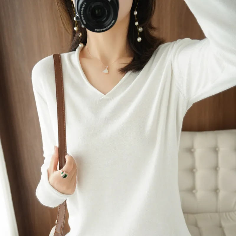 Women's V-neck long sleeve knitwear top in turmeric colour with non-ironing construction