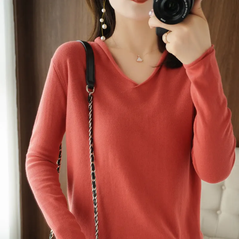 Women's V-neck long sleeve knitwear top in turmeric colour with non-ironing construction