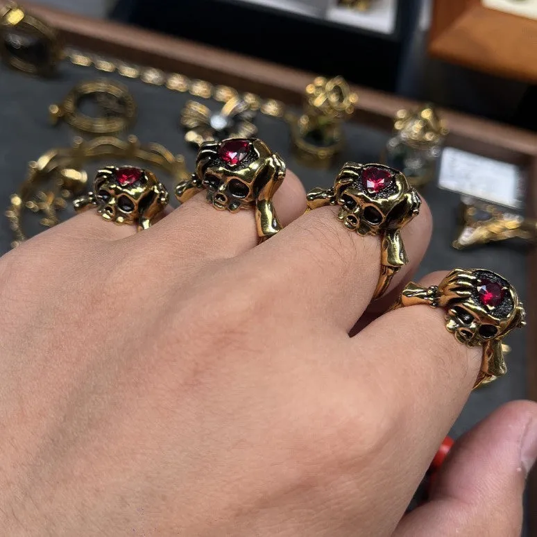 Adjustable copper electroplated skull ring with retro geometric design for men and women