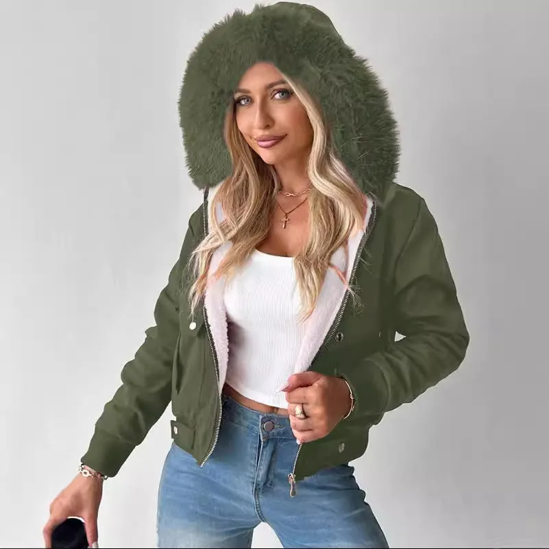 Women's casual hooded jacket with furry lining in Army Green – polyester long sleeve coat front view