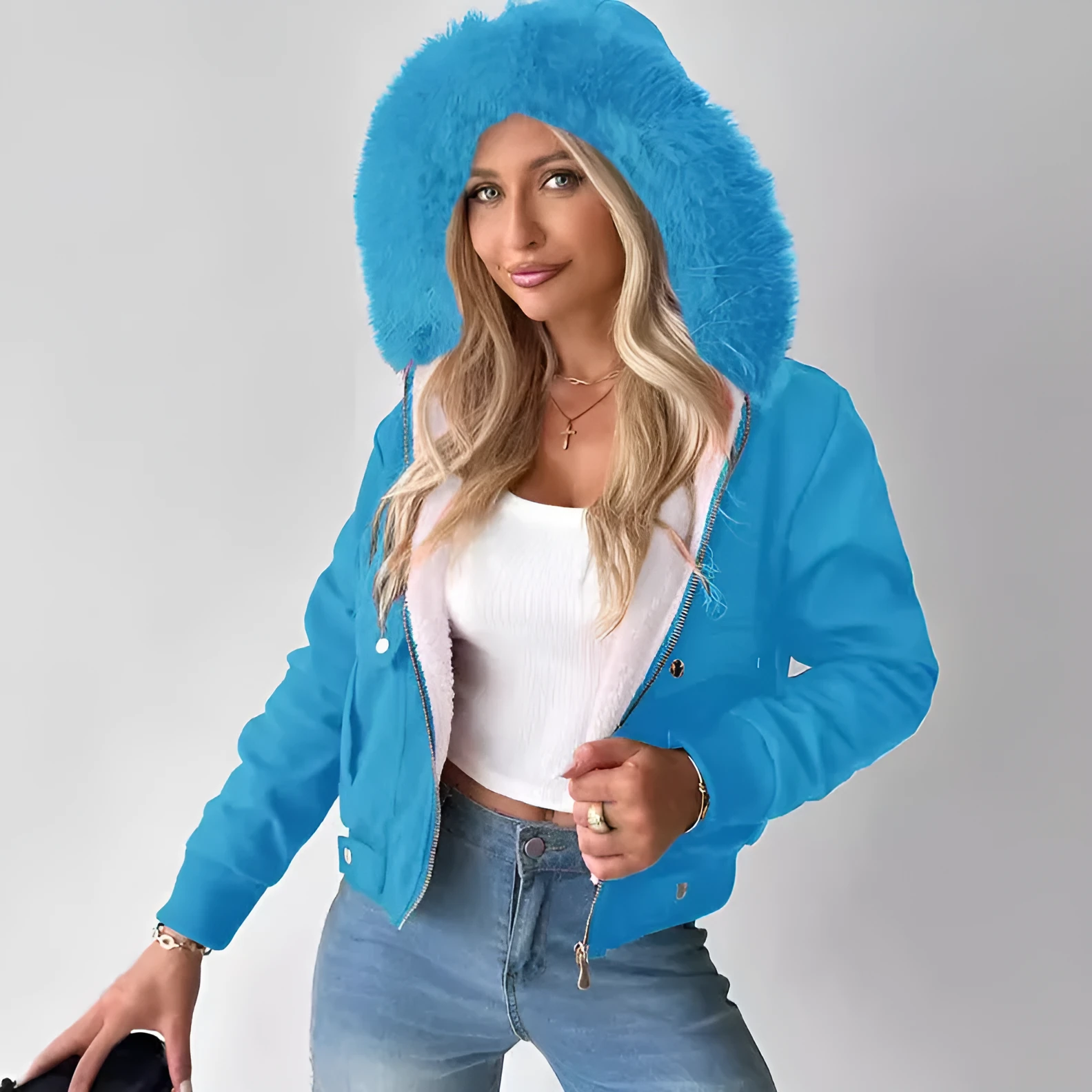 Women's casual hooded jacket with furry lining in Army Green – polyester long sleeve coat front view