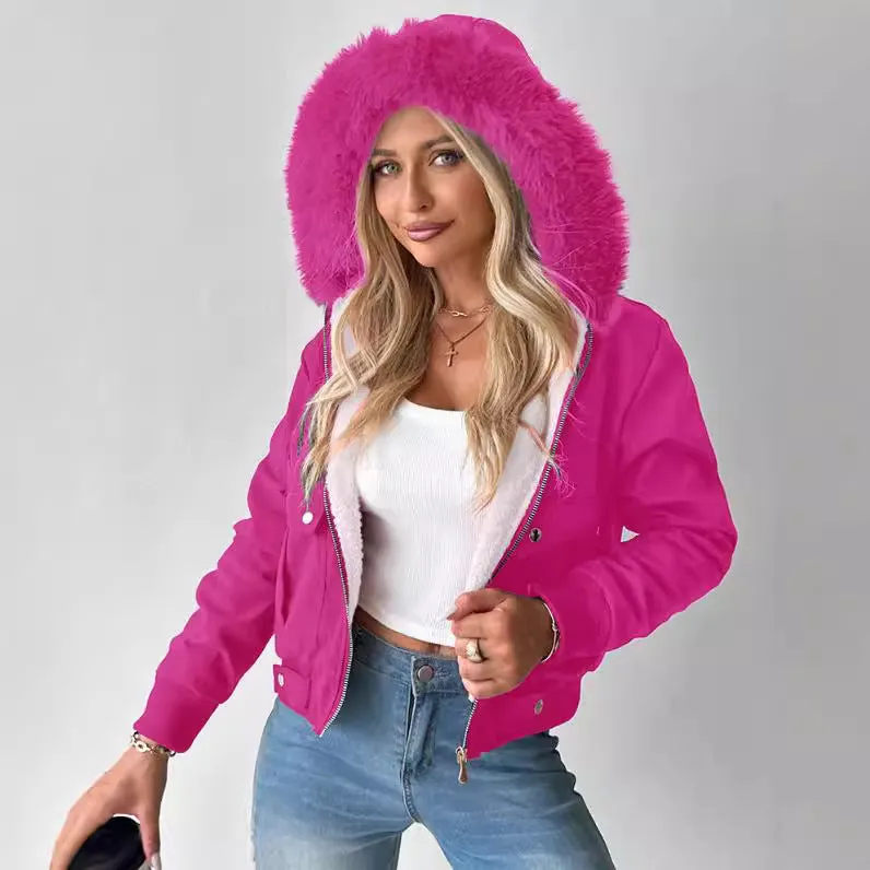 Women's casual hooded jacket with furry lining in Army Green – polyester long sleeve coat front view