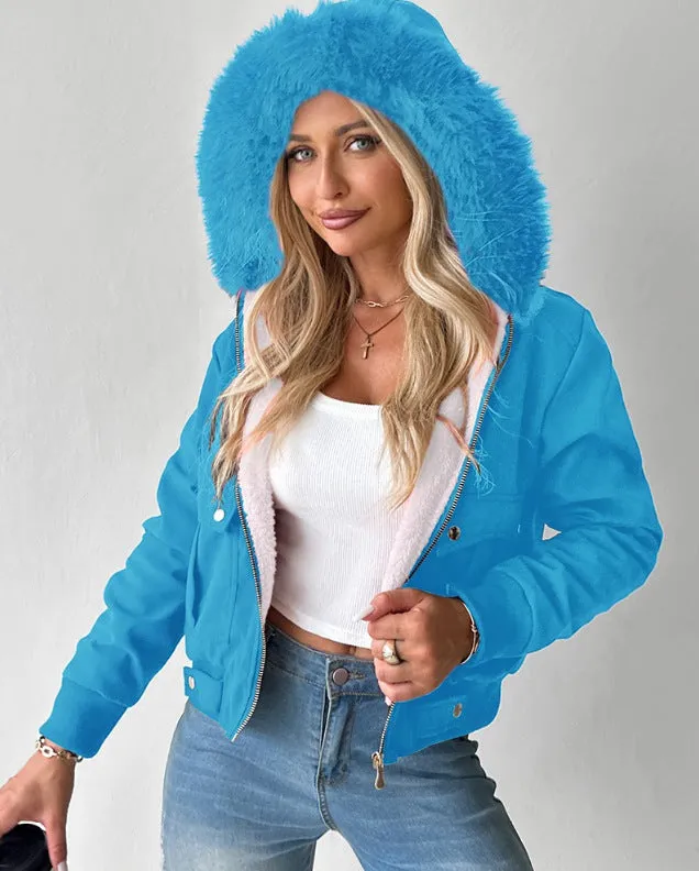 Women's casual hooded jacket with furry lining in Army Green – polyester long sleeve coat front view
