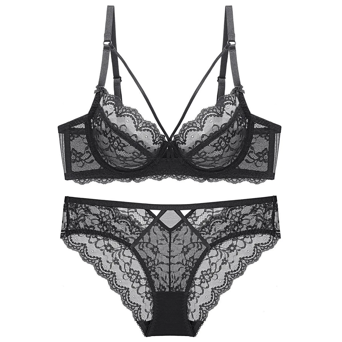 Transparent nylon bra and knickers set in white with ultra-thin 3/4 cup and fixed double straps