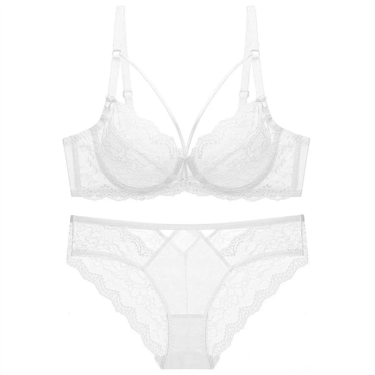 Transparent nylon bra and knickers set in white with ultra-thin 3/4 cup and fixed double straps