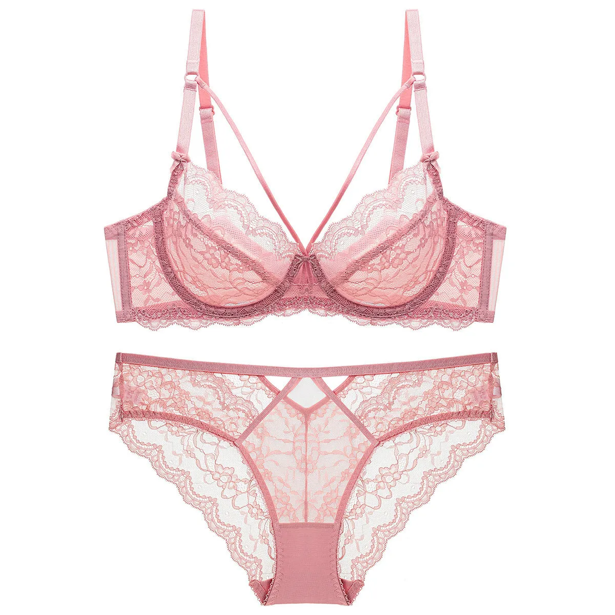 Transparent nylon bra and knickers set in white with ultra-thin 3/4 cup and fixed double straps