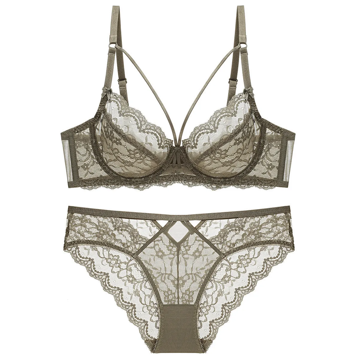 Transparent nylon bra and knickers set in white with ultra-thin 3/4 cup and fixed double straps