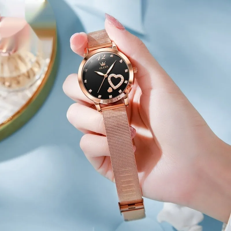 Women's fashion watch with rose alloy case, coloured dial, and stainless steel mesh strap.
