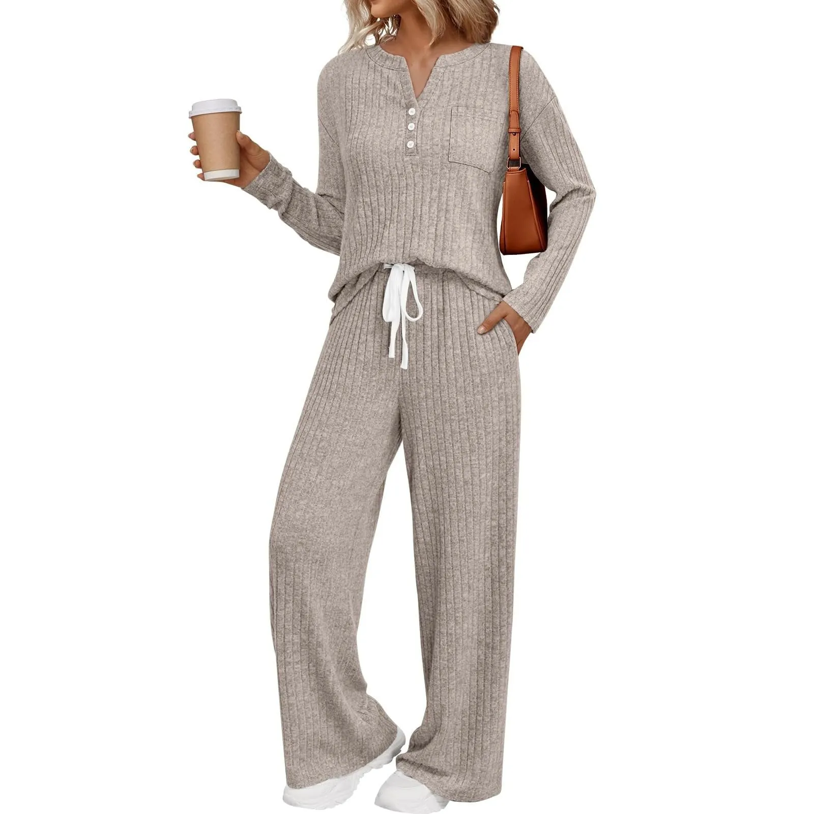 Women's knitted V-neck long coat with striped pattern and matching trousers in apricot colour