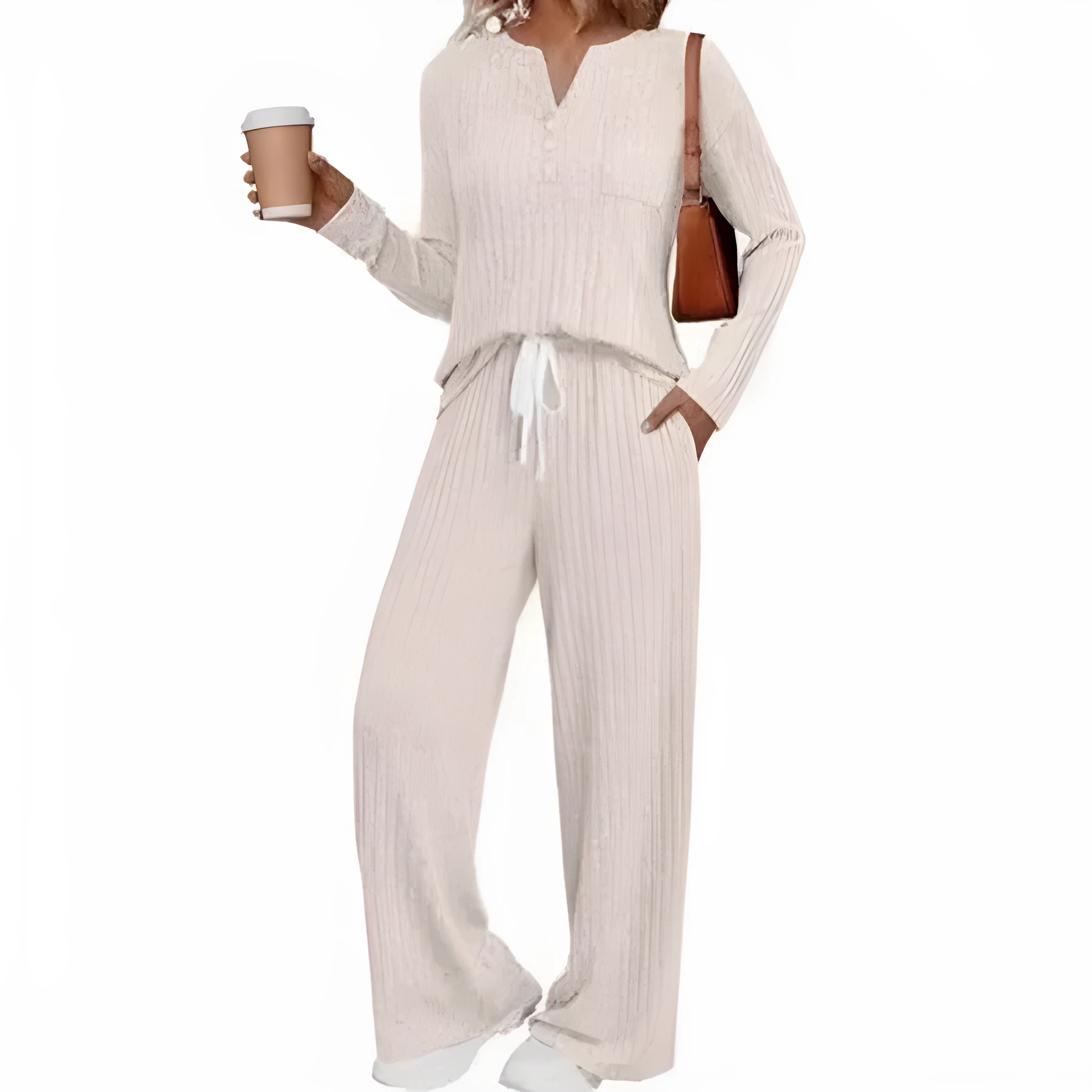 Women's knitted V-neck long coat with striped pattern and matching trousers in apricot colour