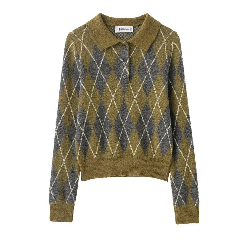 Women's notched lapel long-sleeve buttoned diamond-patterned knitted sweater in colour block design, regular fit