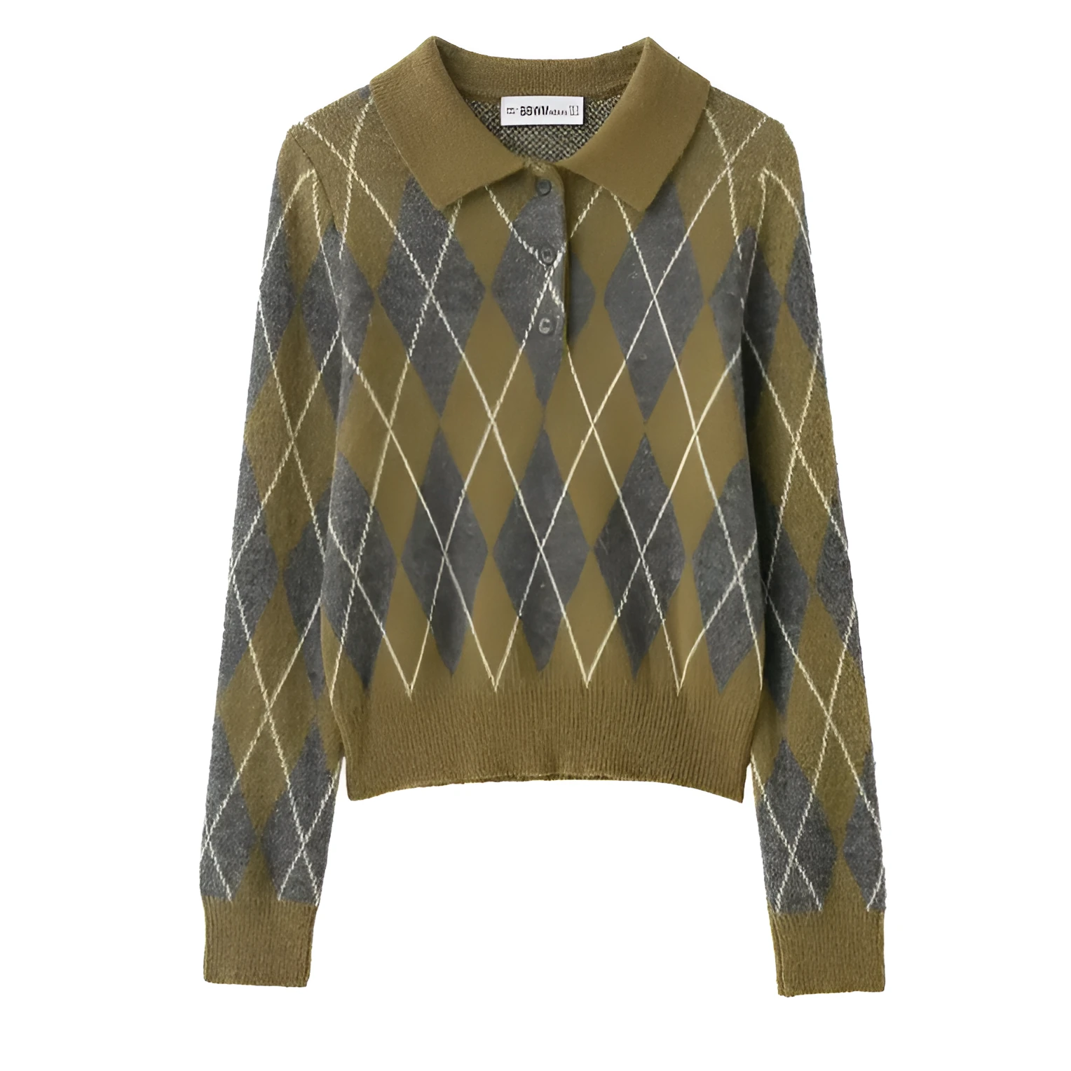 Women's notched lapel long-sleeve buttoned diamond-patterned knitted sweater in colour block design, regular fit
