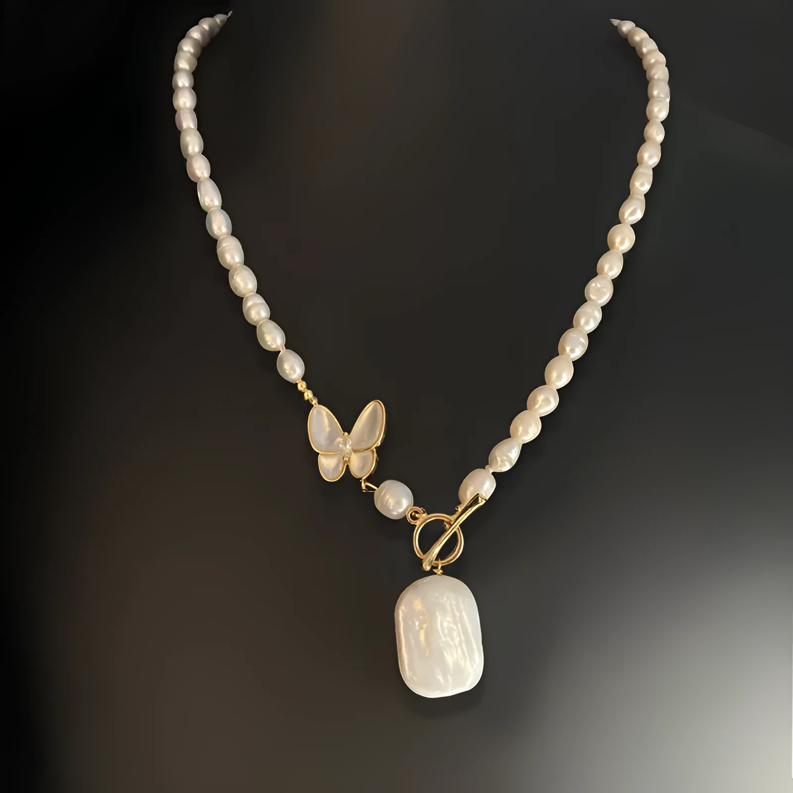 Pearl white fashion OL butterfly necklace with electroplated finish and 50cm chain