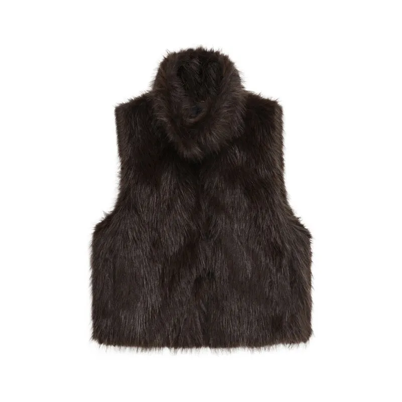Women's loose casual faux fur vest in polyester, animal pattern, black colour, A-line style