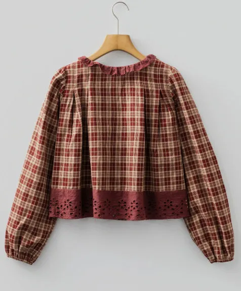 Red dahlia check hollow lace edge loose long sleeve cotton shirt for women