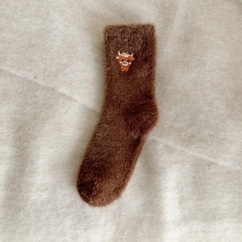 Women's fleece-lined thickened warm mid-calf socks in autumn winter colours black white khaki light coffee dark coffee
