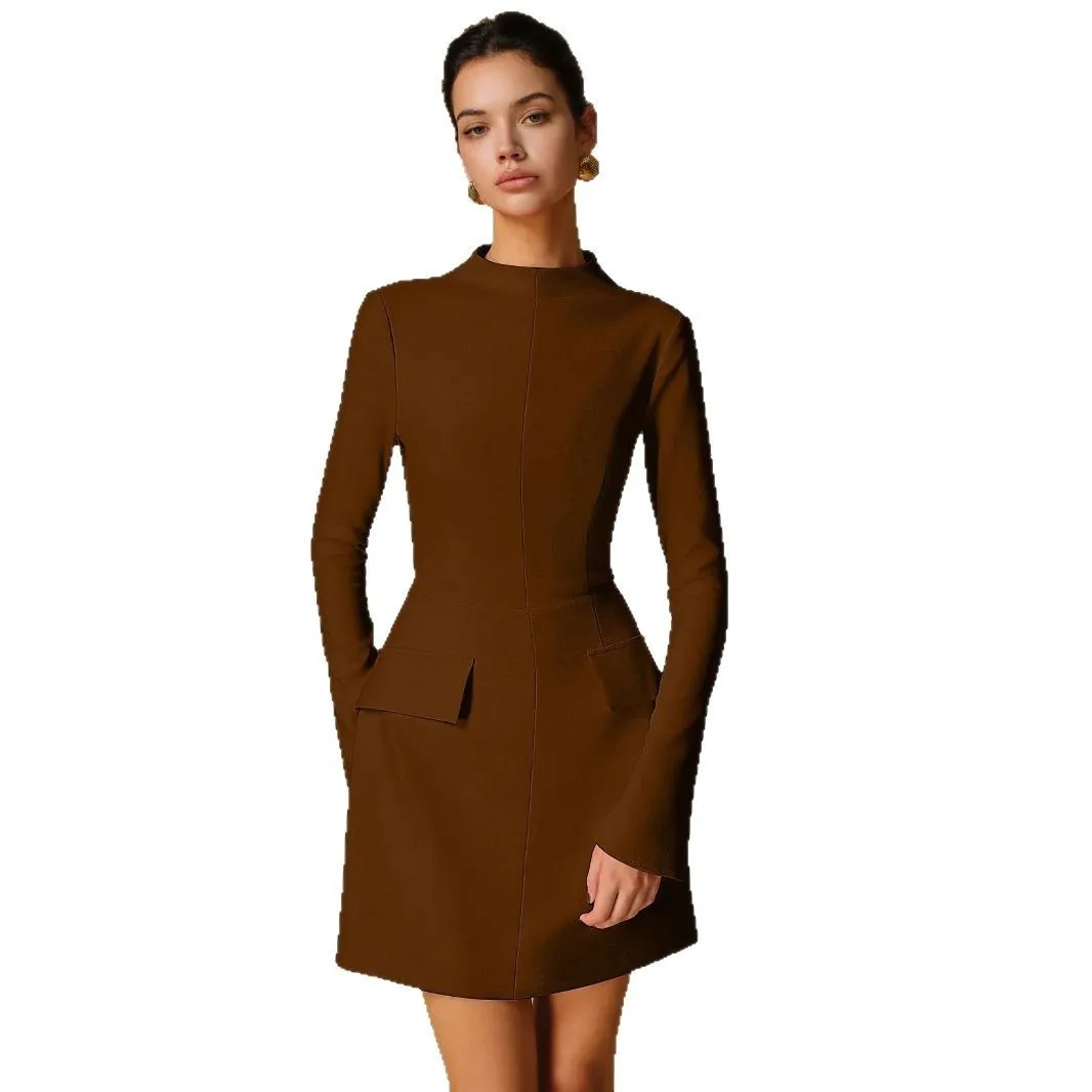 Solid colour slim fit long sleeve bodycon dress in nylon and polyester