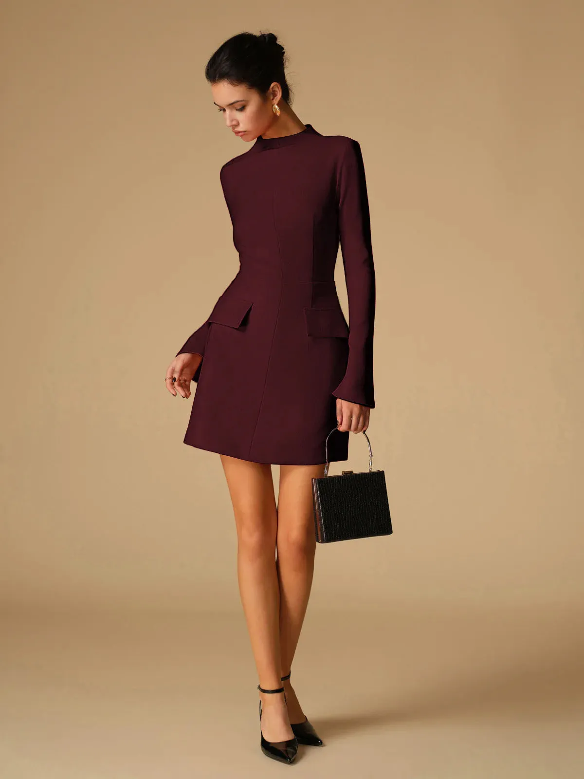 Solid colour slim fit long sleeve bodycon dress in nylon and polyester