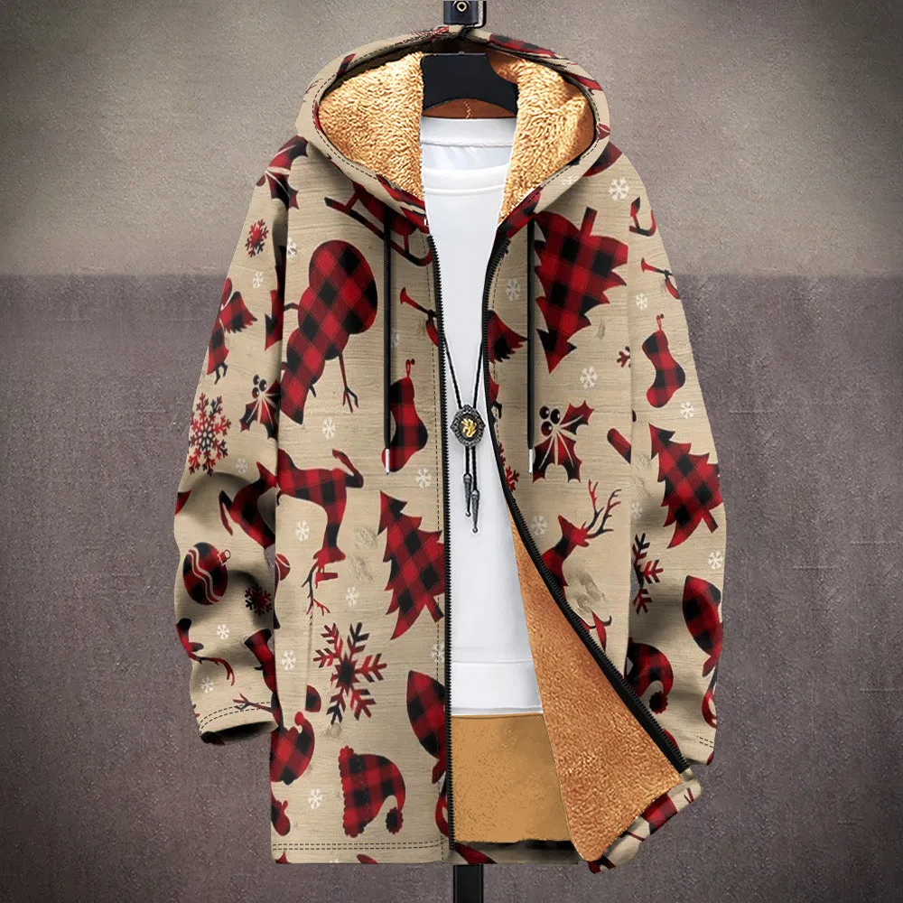 Man wearing a multicolour digitally printed hooded cardigan with a zipper front in a loose fit.