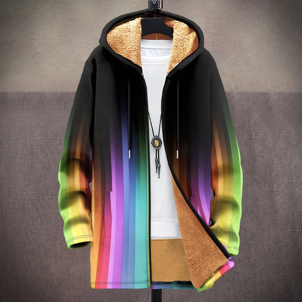 Man wearing a multicolour digitally printed hooded cardigan with a zipper front in a loose fit.