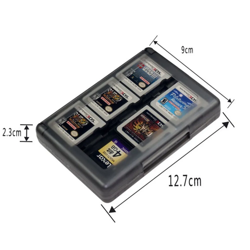 NDS 3DS 24-in-1 game card storage box in choice of colours showing compact size.