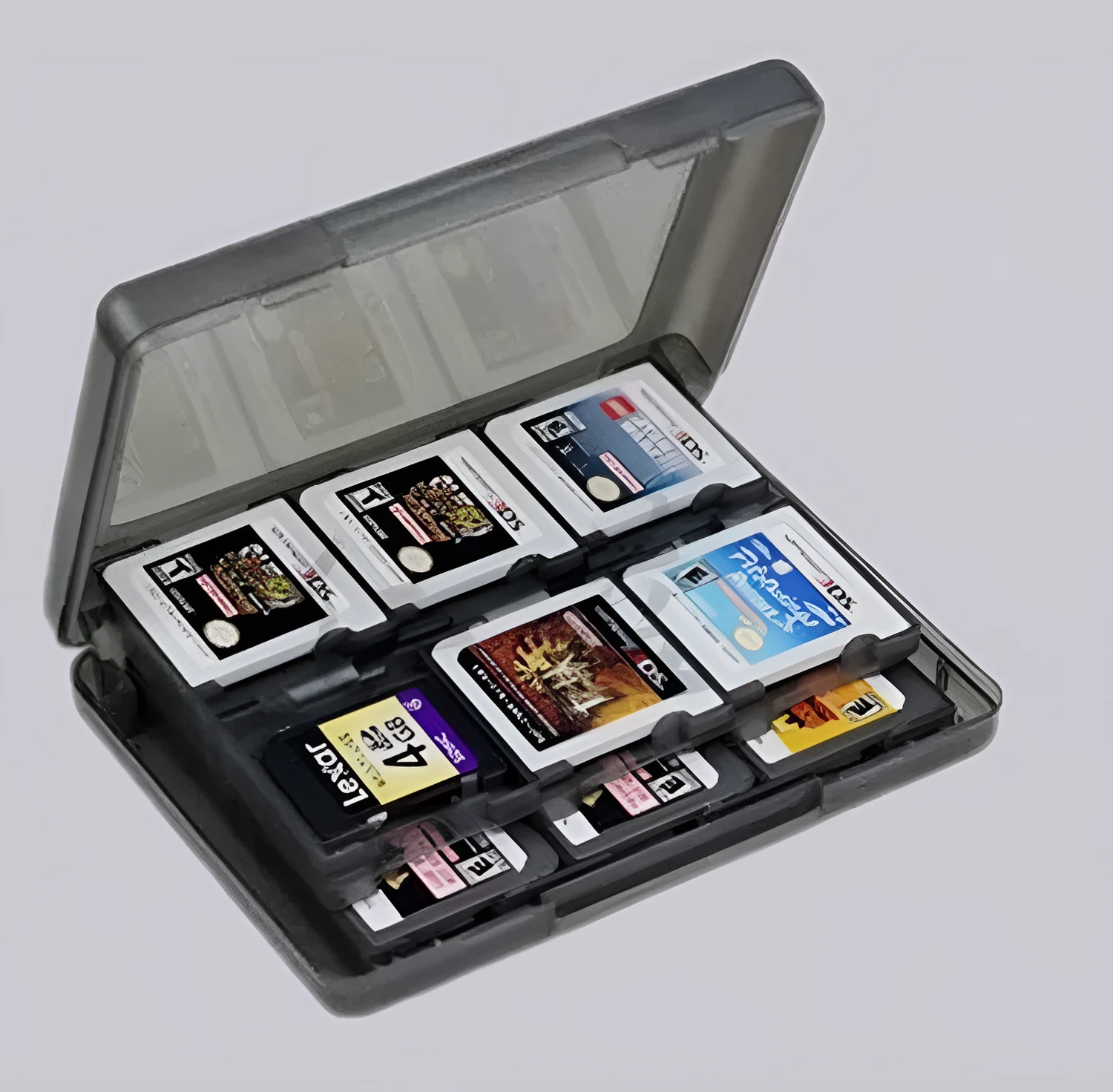 NDS 3DS 24-in-1 game card storage box in choice of colours showing compact size.