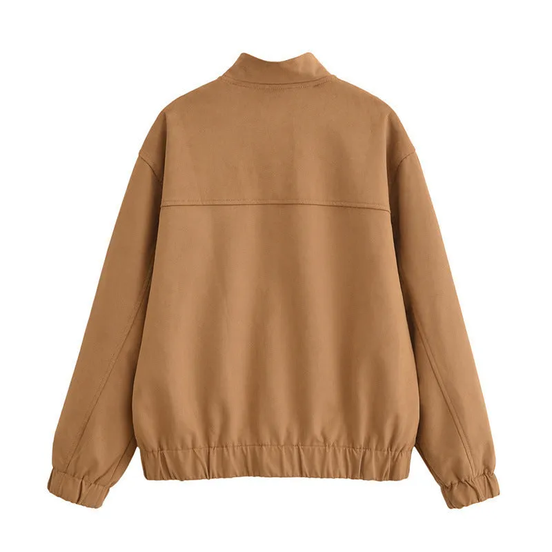 Women's casual loose fit long sleeve PU zipper jacket in picture colour, unisex style