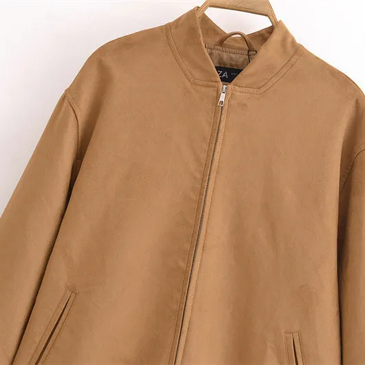 Women's casual loose fit long sleeve PU zipper jacket in picture colour, unisex style