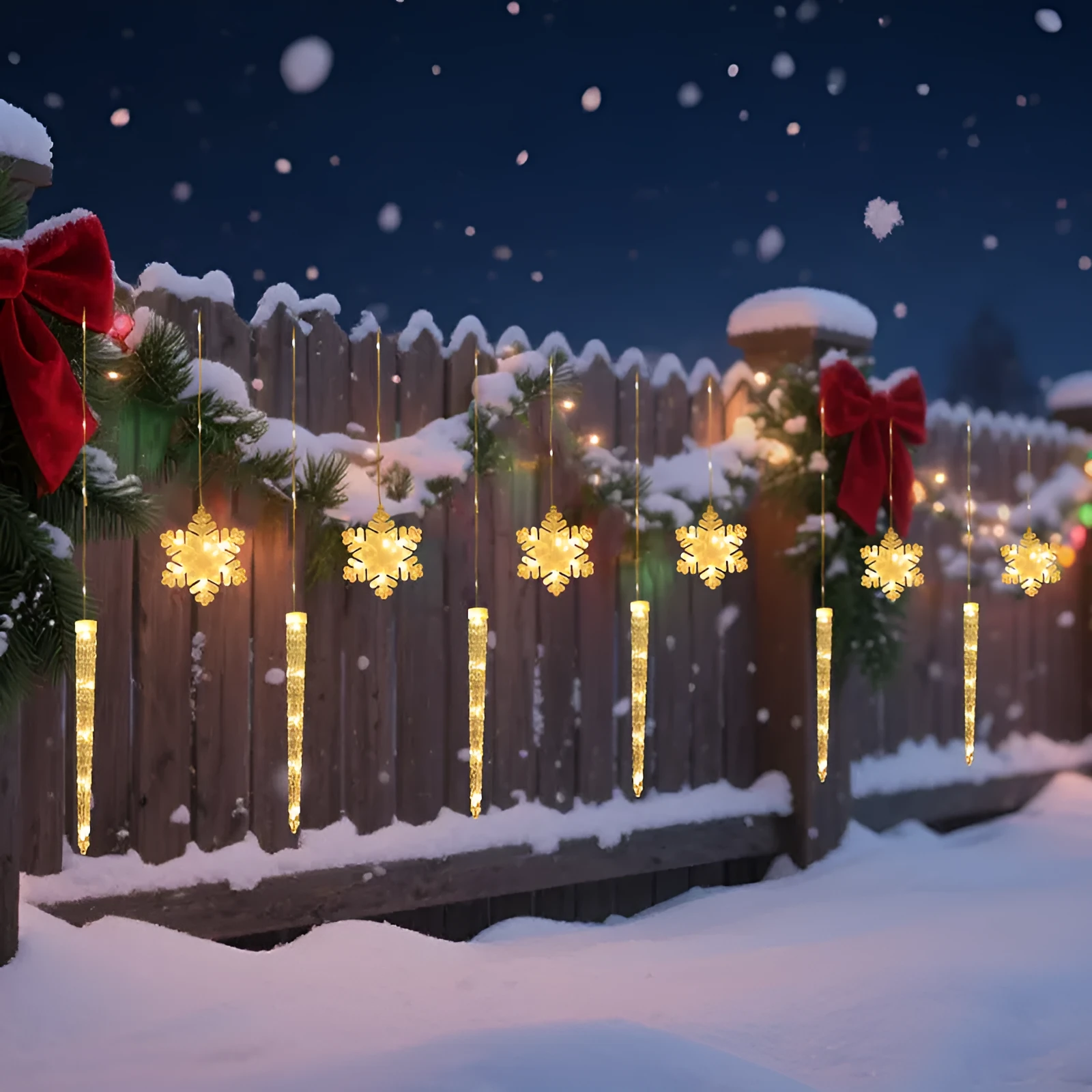 Christmas icicle and snowflake shaped light string with USB cable, plastic construction, indoor decoration