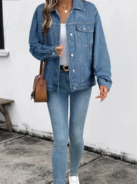 Blue double flap pocket denim textured button down jacket for women front view