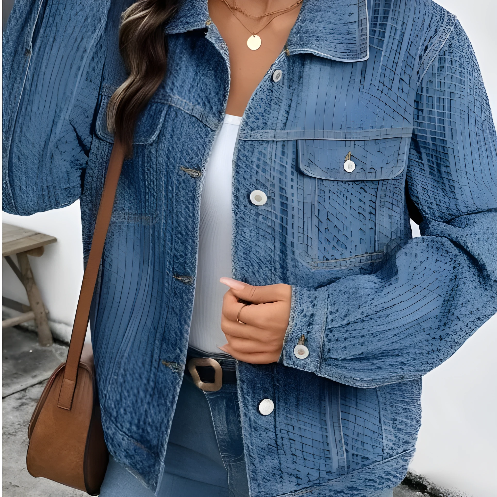 Blue double flap pocket denim textured button down jacket for women front view