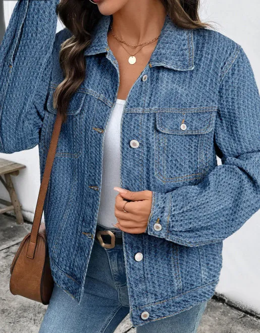 Blue double flap pocket denim textured button down jacket for women front view