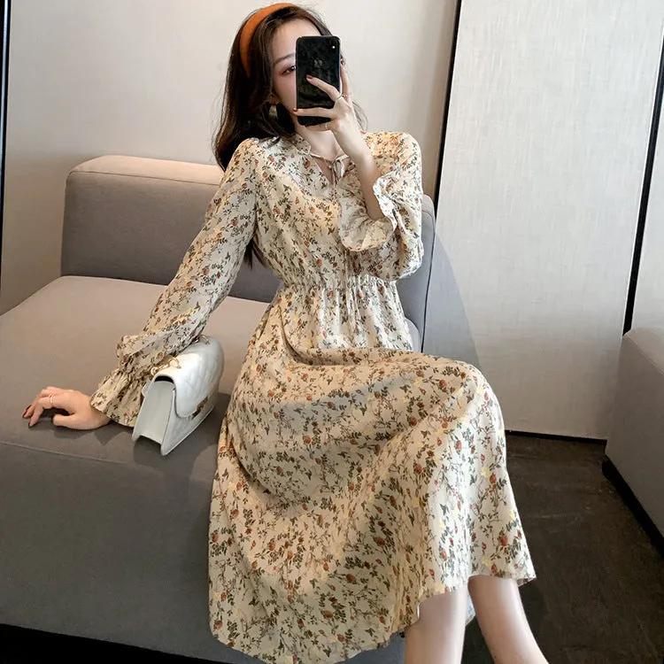 Retro waist-cinching A-line floral dress for women in apricot polyester fabric available in sizes S to 2XL