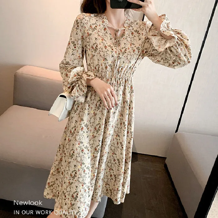 Retro waist-cinching A-line floral dress for women in apricot polyester fabric available in sizes S to 2XL