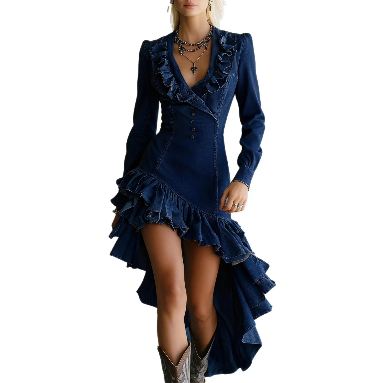 Ruffled no-wash denim fabric dress for women, high waist, long sleeves, available in eight colours and sizes S to 3XL