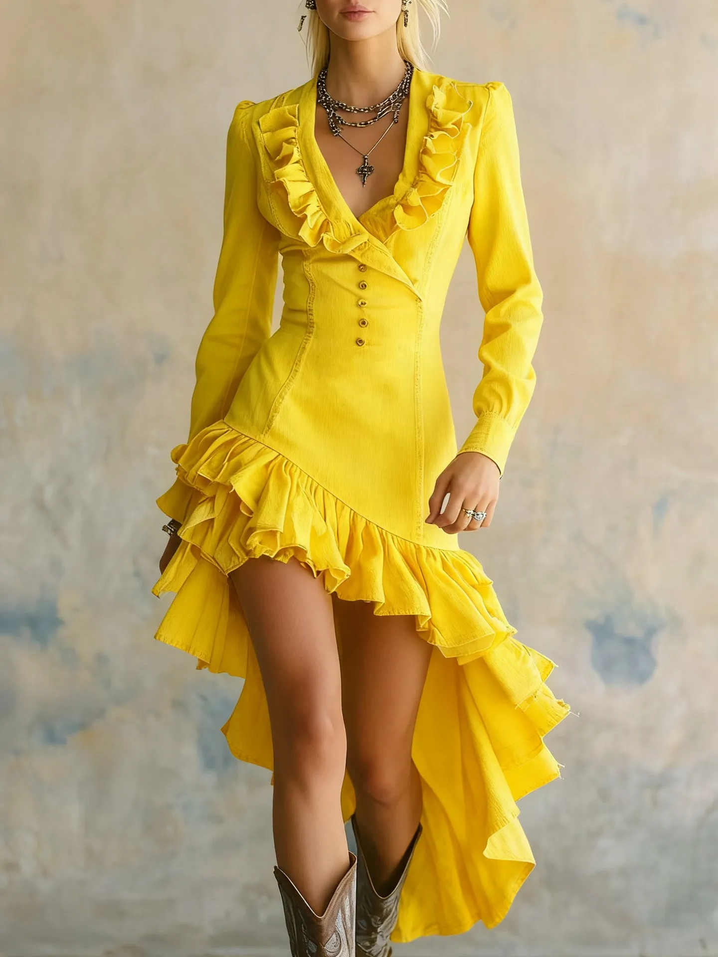 Ruffled no-wash denim fabric dress for women, high waist, long sleeves, available in eight colours and sizes S to 3XL