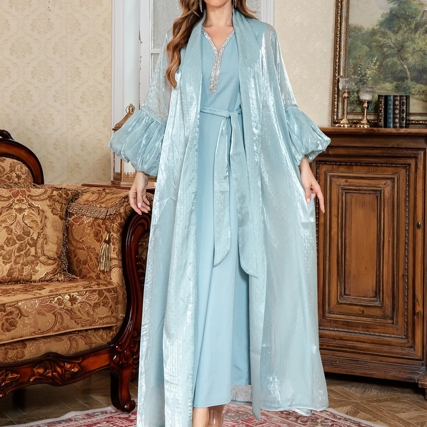 Brown two-piece dress set with rhinestone detailing and long sleeves