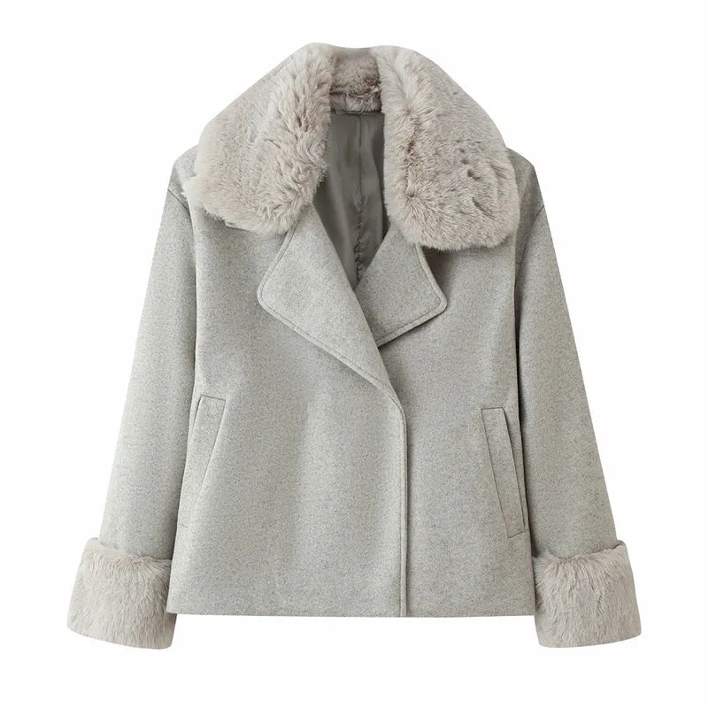 Women's short wool coat with imitation fur collar, gray, regular fit, extended length, on a model
