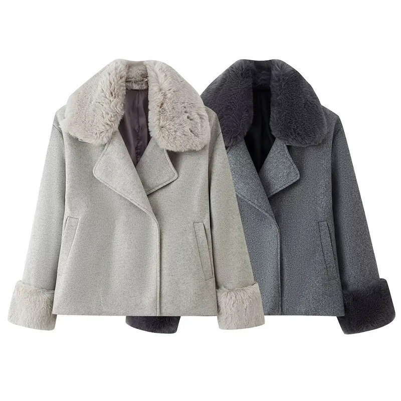 Women's short wool coat with imitation fur collar, gray, regular fit, extended length, on a model